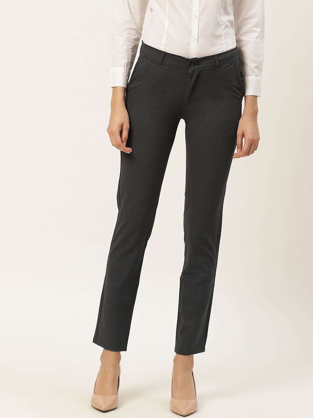 

RIVI Women Charcoal Grey Pure Cotton Slim Fit Solid Formal Trousers