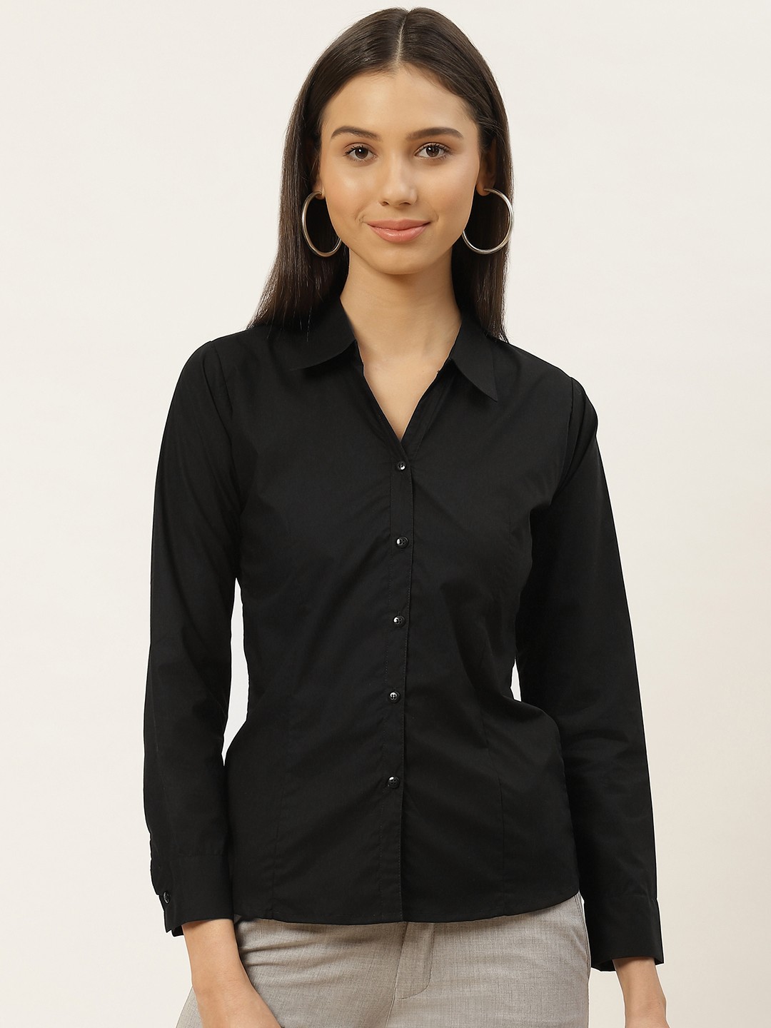 

RIVI Women Black Pure Cotton Slim Fit Solid Formal Shirt