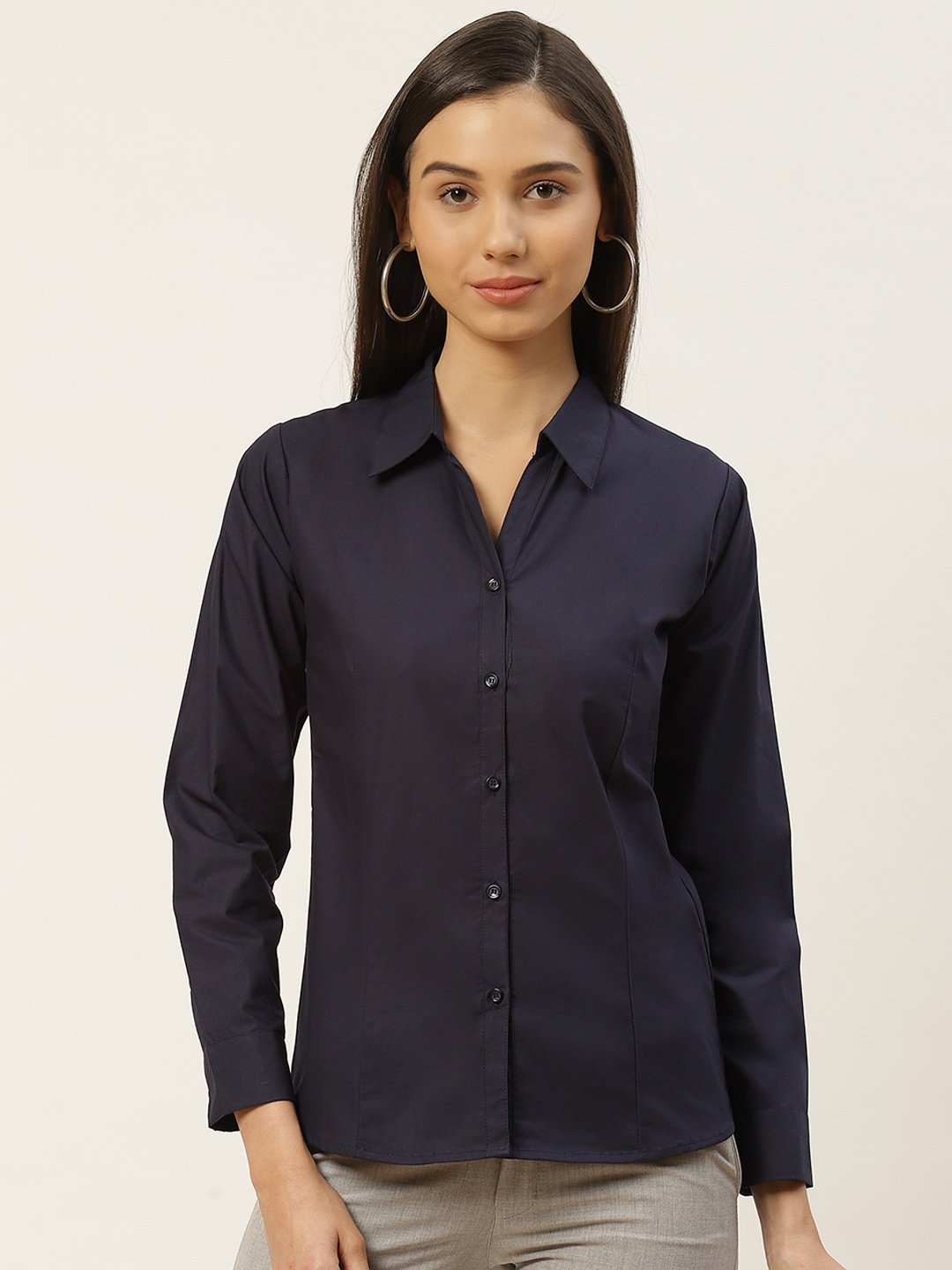 

RIVI Women Navy Blue Pure Cotton Slim Fit Solid Formal Shirt