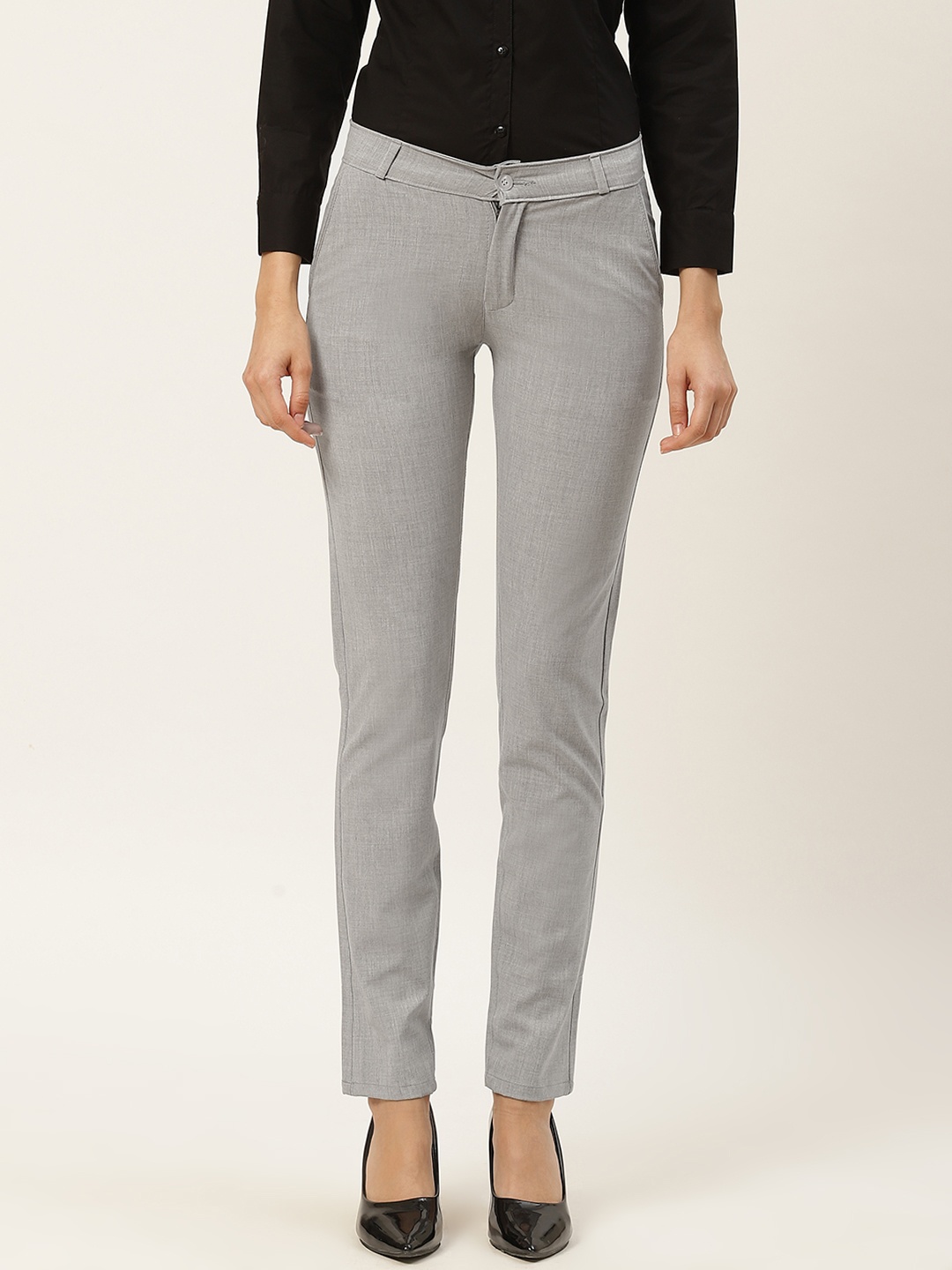 

RIVI Women Grey Pure Cotton Slim Fit Solid Formal Trousers