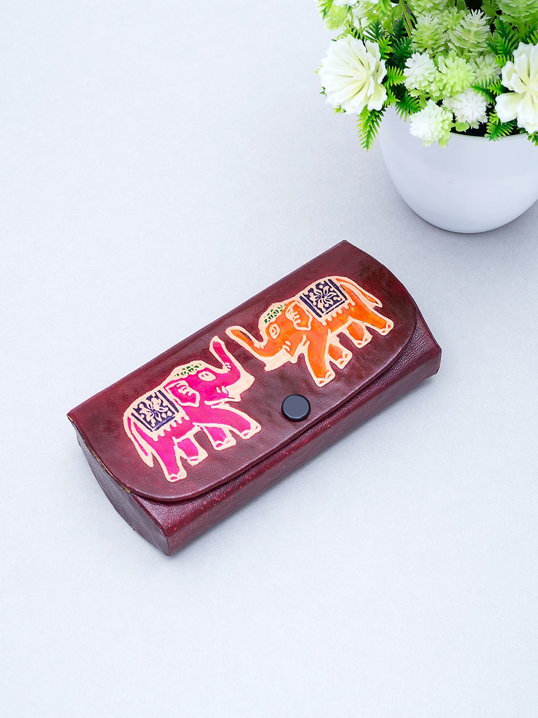 

Golden Peacock Burgundy & Orange Hand-Painted Leather Sunglasses Case