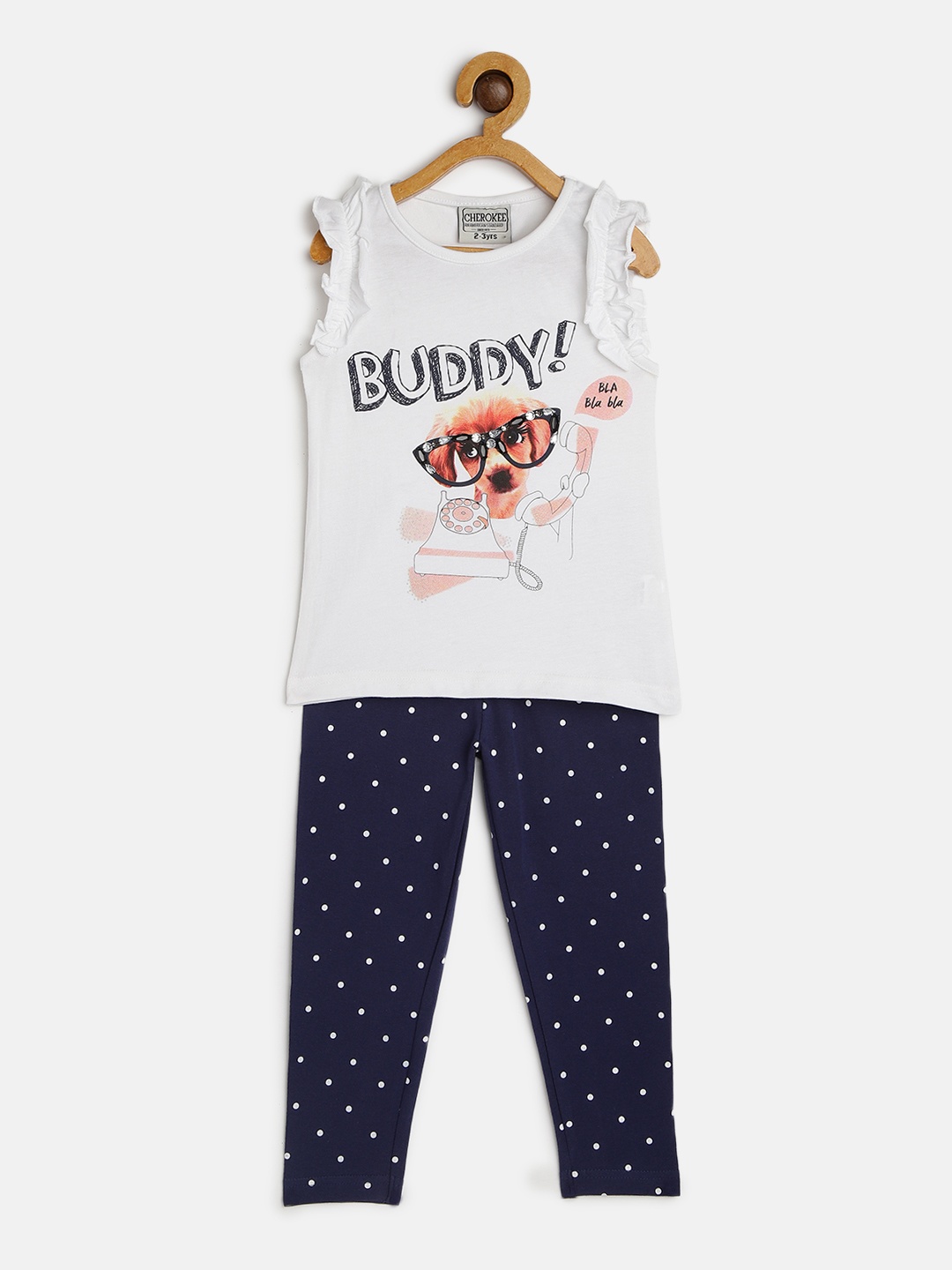 

Cherokee Girls White Pure Cotton Printed Top with Navy Blue Leggings