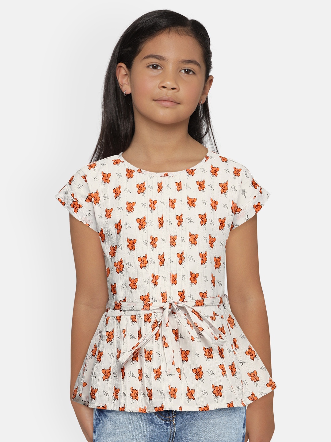 

Cherokee Girls White & Orange Floral Printed Pure Cotton Tunic