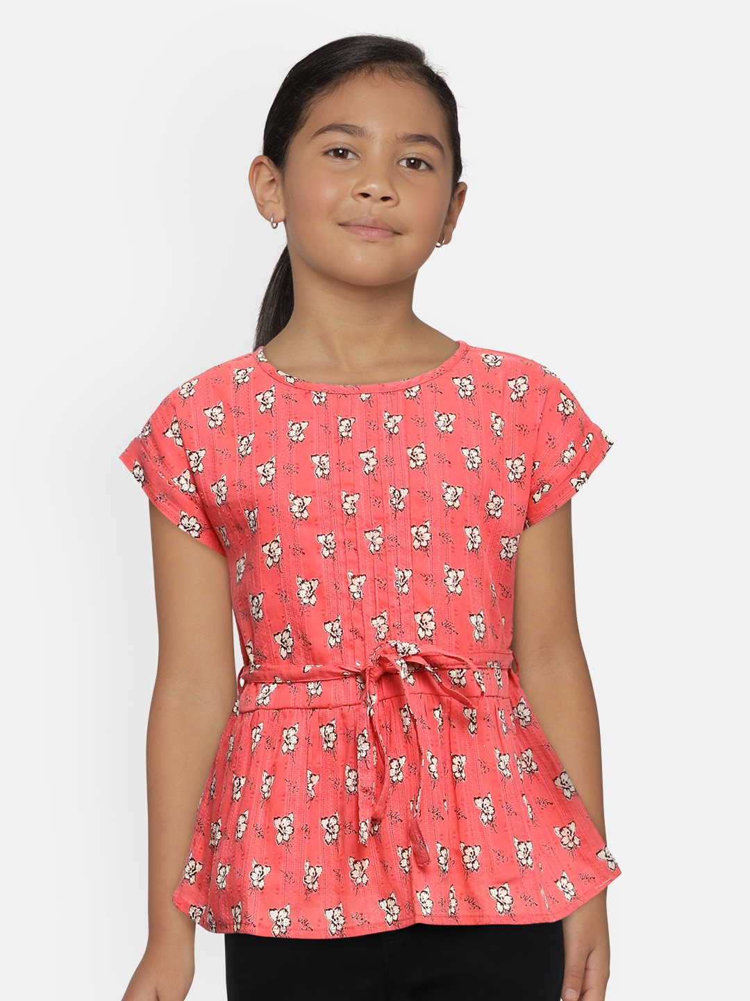 

Cherokee Girls Coral Orange & Off-White Printed Pure Cotton Tunic