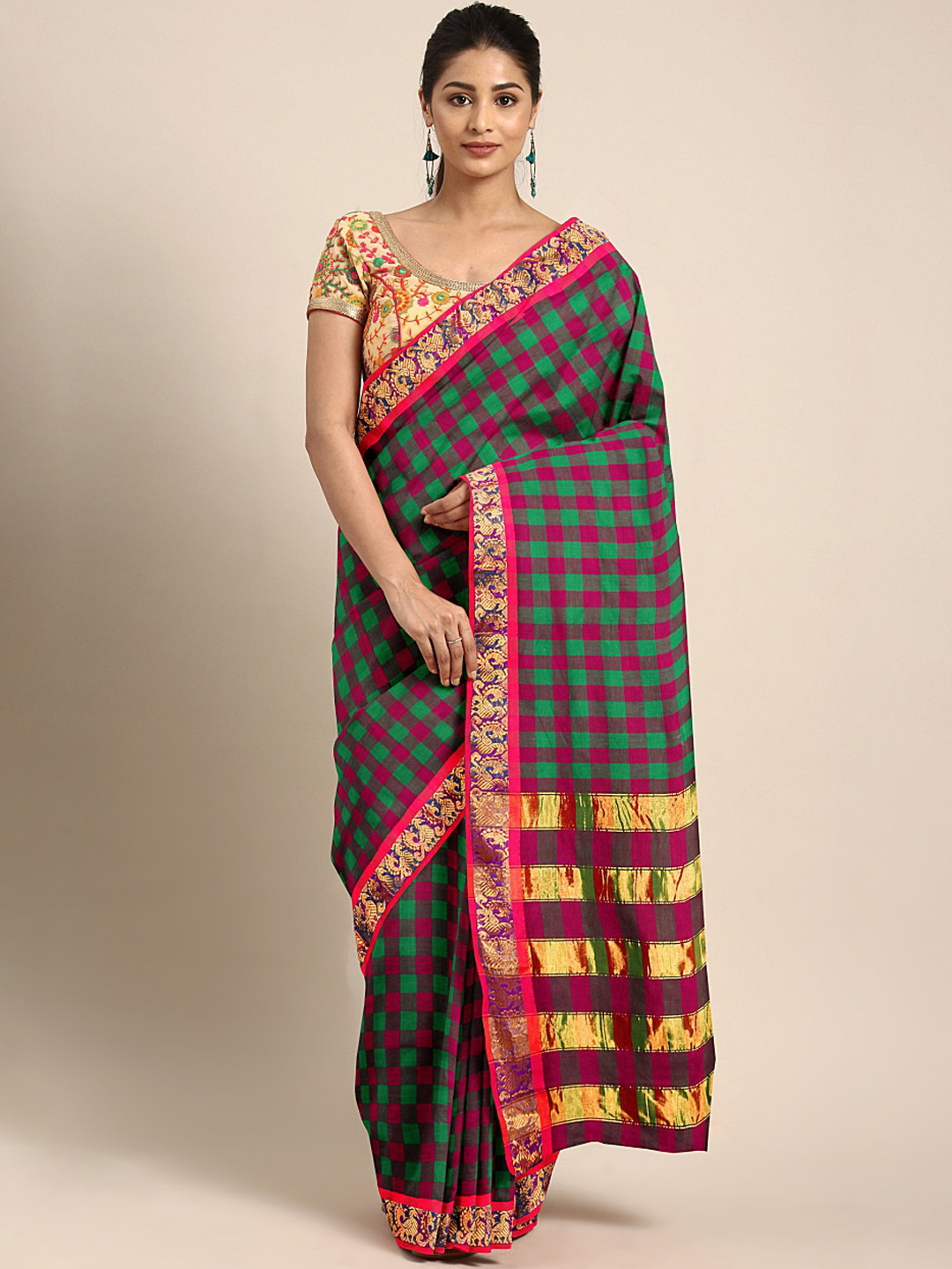 

Pavechas Green & Pink Pure Cotton Checked Venkatgiri Saree