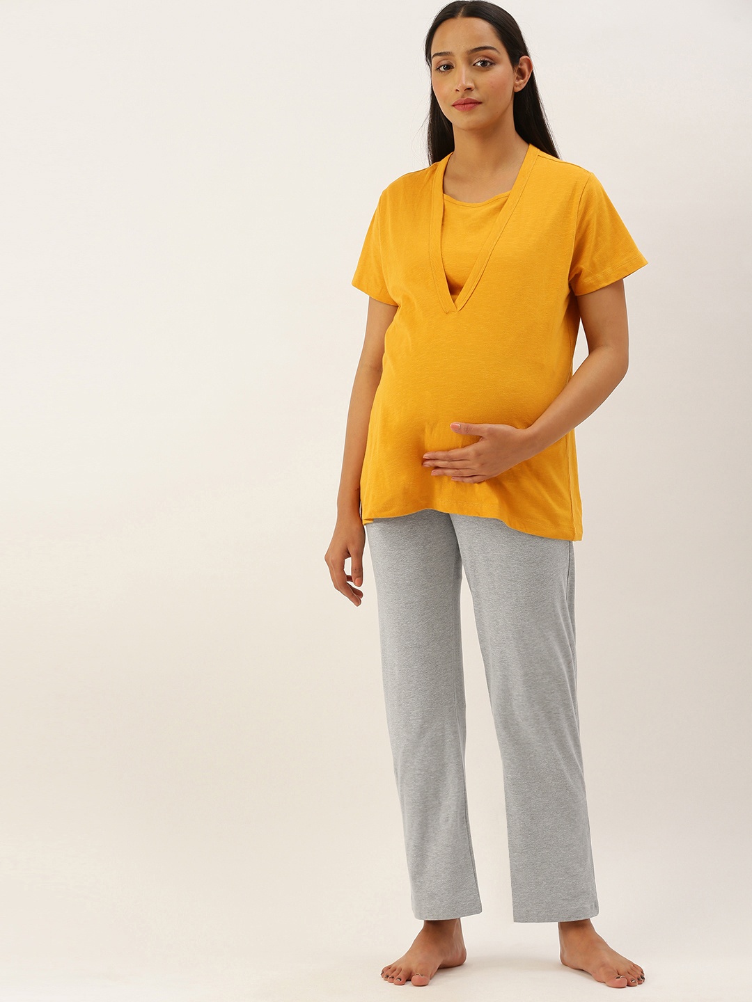 

Nejo Women Mustard Yellow & Grey Melange Solid Maternity Night suit