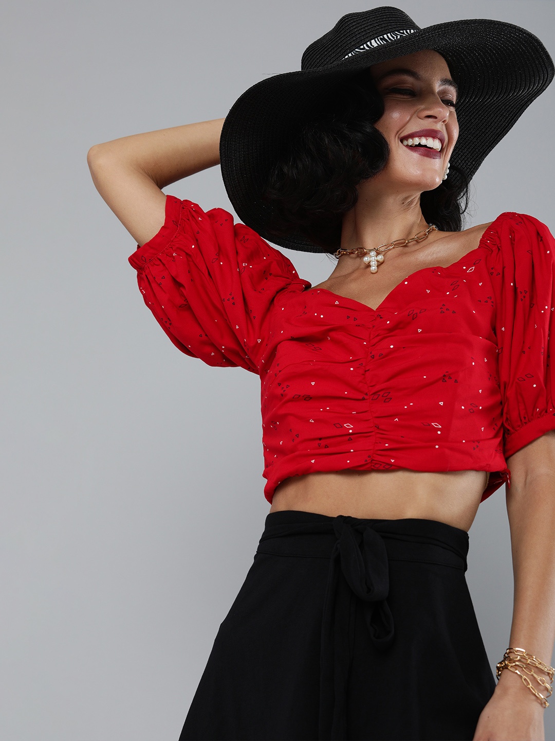 

Magre Women Red & Black Printed Puff Sleeves Gathered Bralette Crop Top
