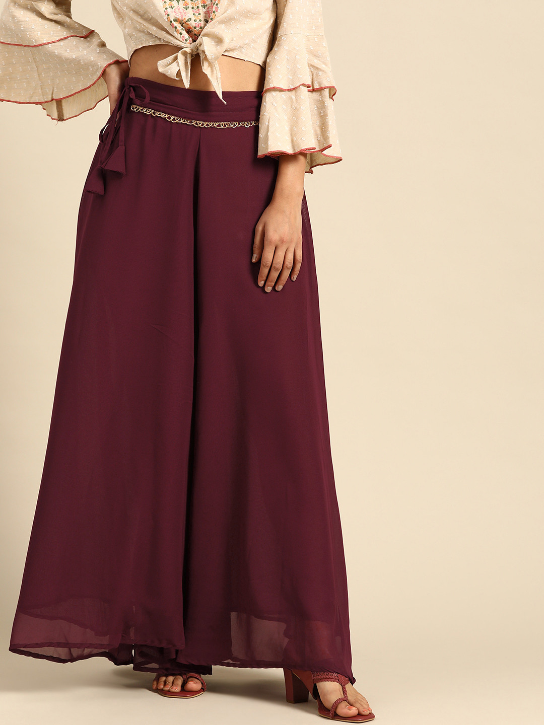 

TAG 7 Women Burgundy Solid Flared Palazzos