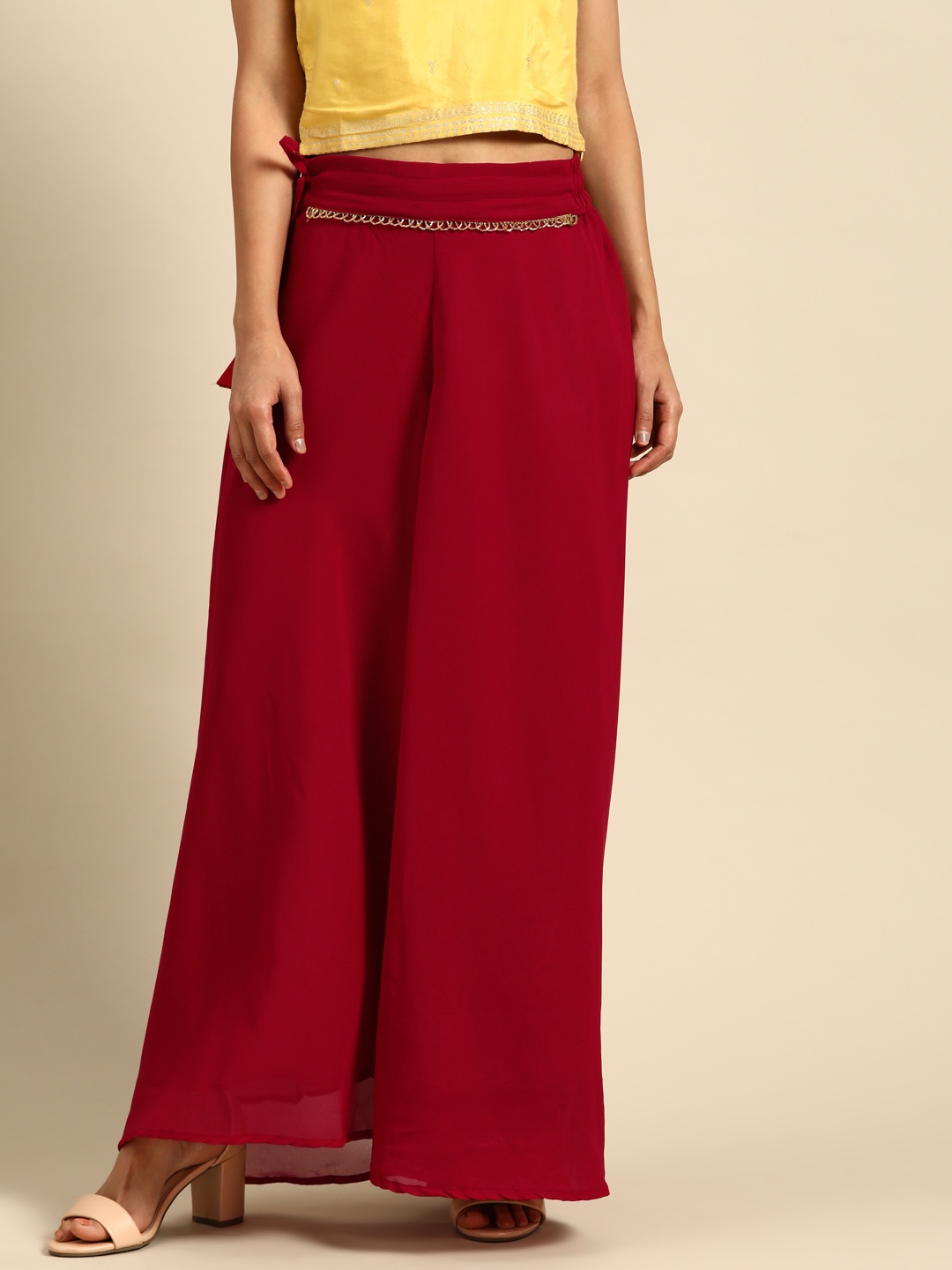 

TAG 7 Women Maroon Solid Flared Palazzos