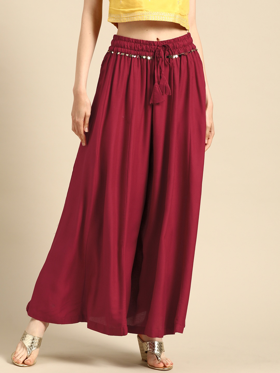 

TAG 7 Women Maroon Solid Flared Palazzos