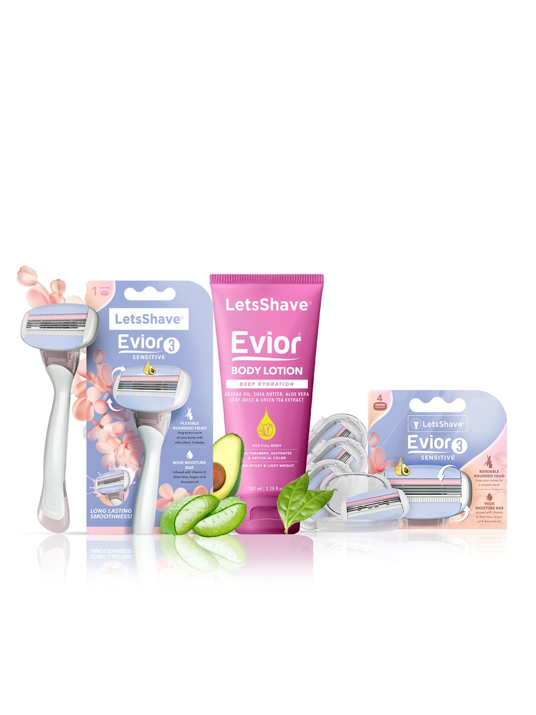 

LetsShave Evior 3 Full Body Razor with 4 Blade Cartridges + Body Lotion 100ml, Purple