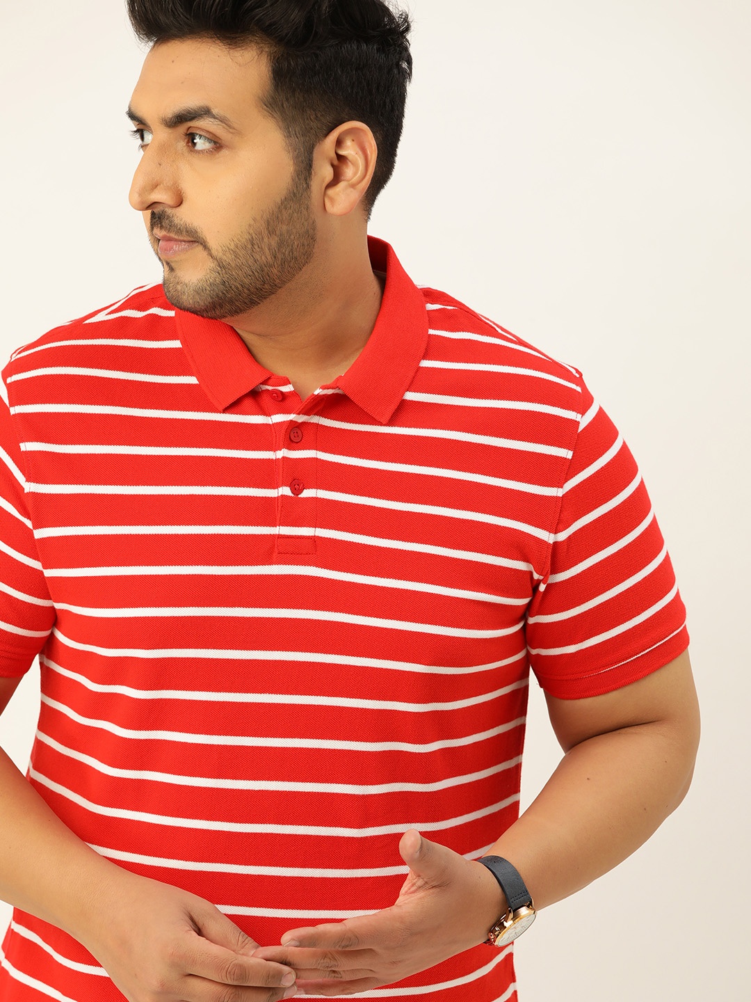 

Sztori Men Plus Size Red & White Pure Cotton Striped Polo Collar T-shirt