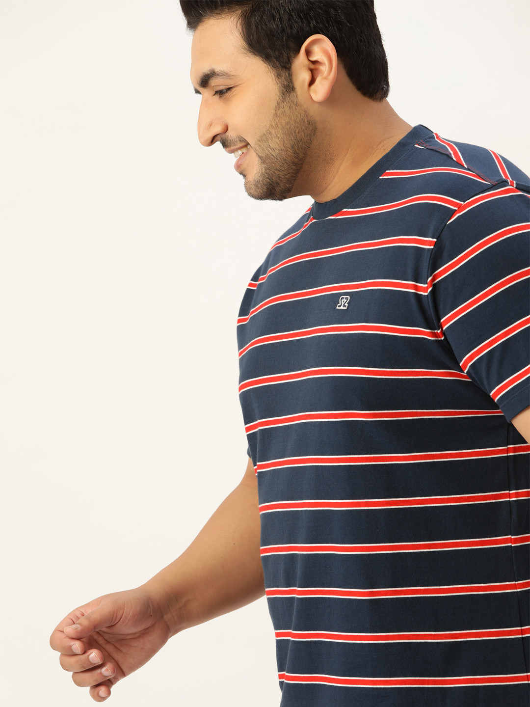 

Sztori Men Plus Size Navy Blue & Orange Cotton Striped T-shirt