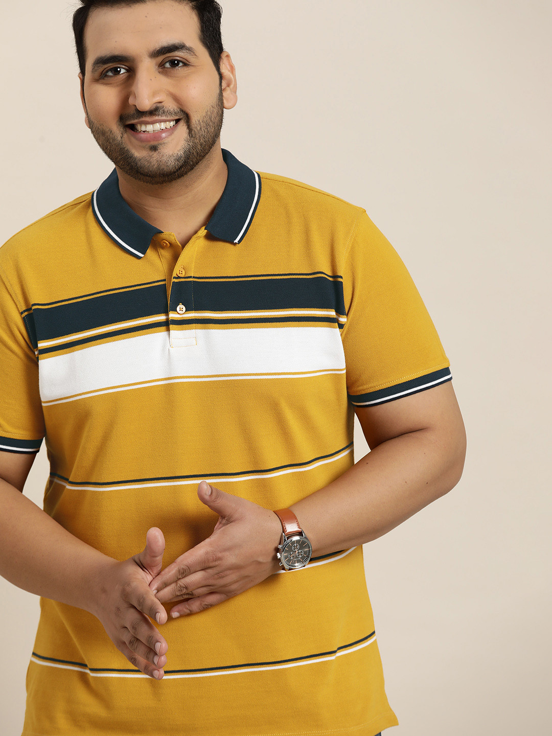 

Sztori Men Plus Size Mustard Yellow & Navy Blue Striped Yarn Dyed Polo Pure Cotton T-shirt