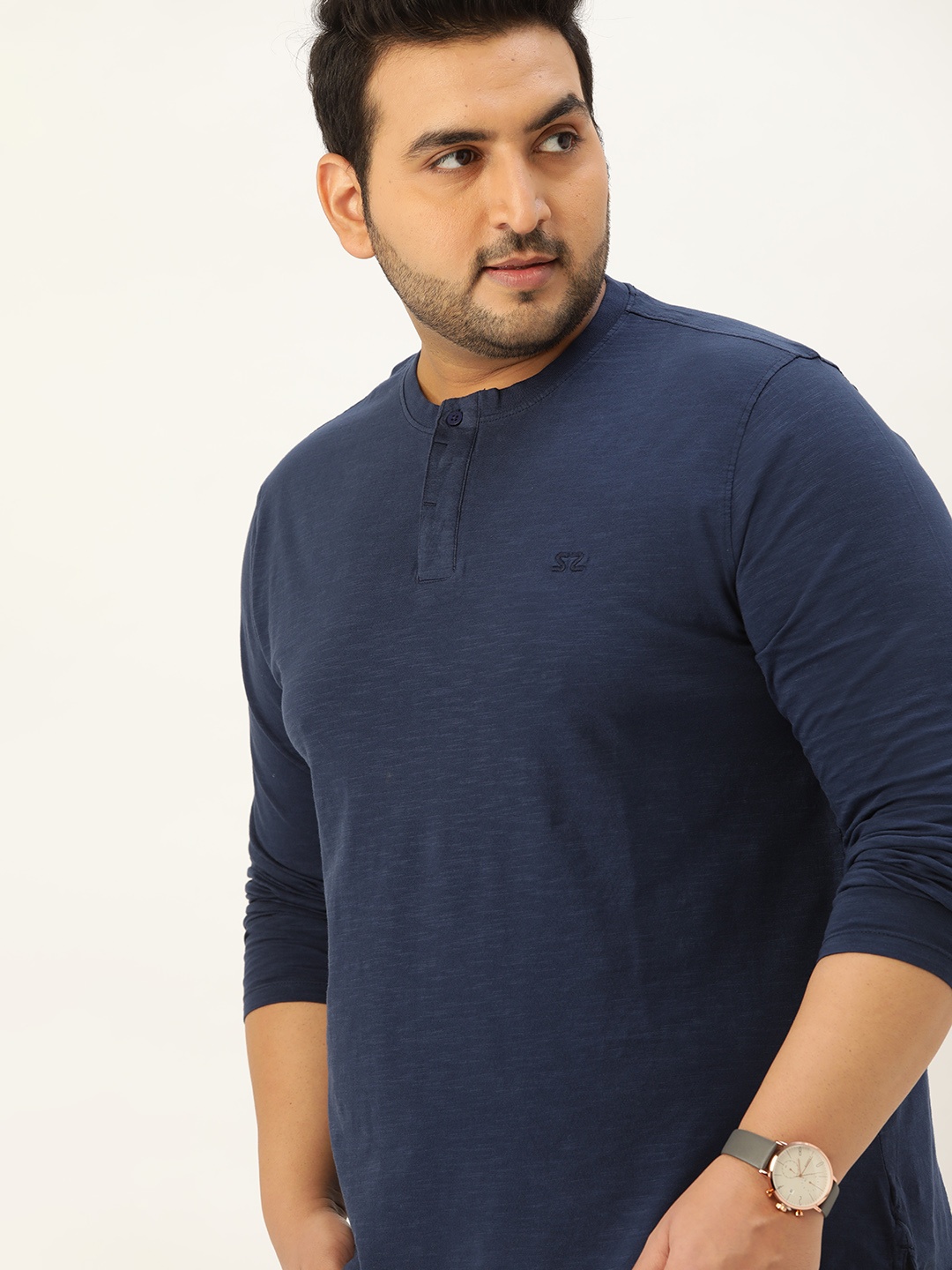 

Sztori Men Navy Blue Plus Size Cotton Dyed Henley Neck T-shirt