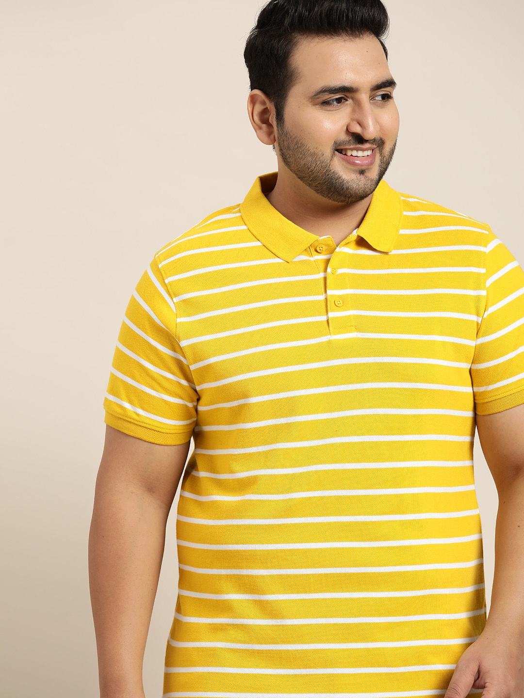 

Sztori Men Plus Size Yellow White Pure Cotton Yarn Dyed Striped Polo Collar Pure Cotton T-shirt