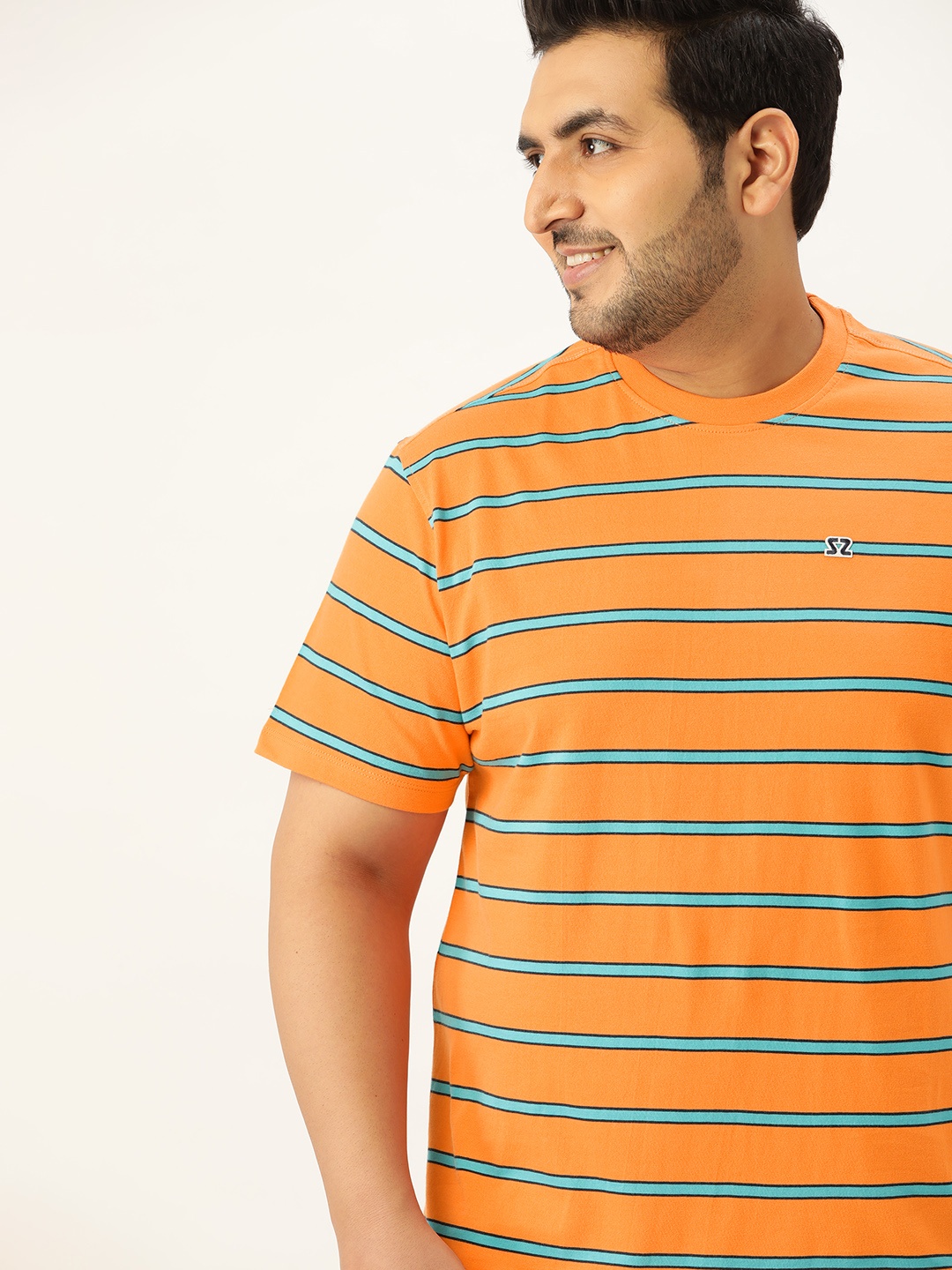 

Sztori Men Plus Size Orange & Blue Yarn Dyed Striped T-shirt