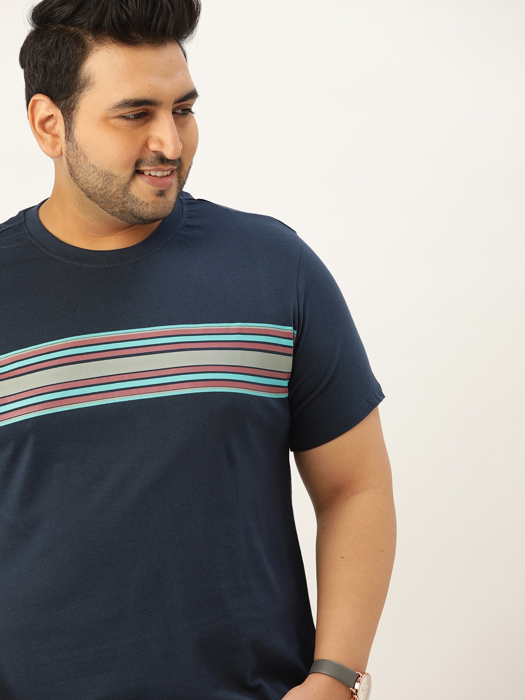 

Sztori Men Navy Blue Plus Size Cotton Striped T-shirt