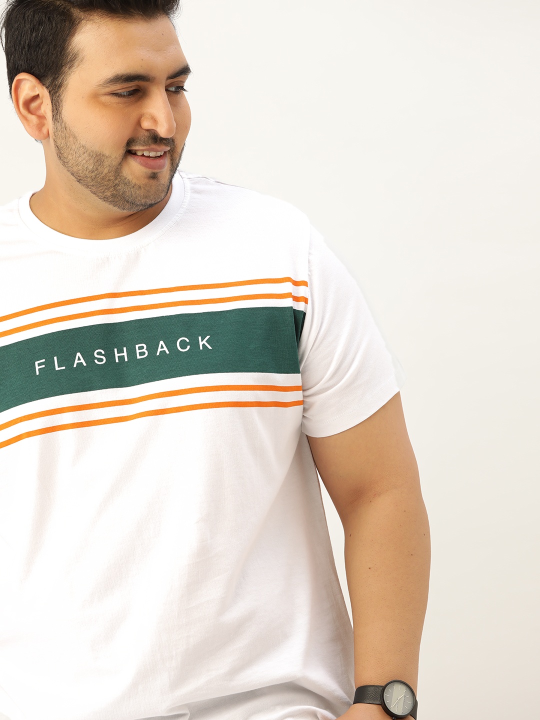 

Sztori Men Plus Size White & Green Cotton Striped T-shirt
