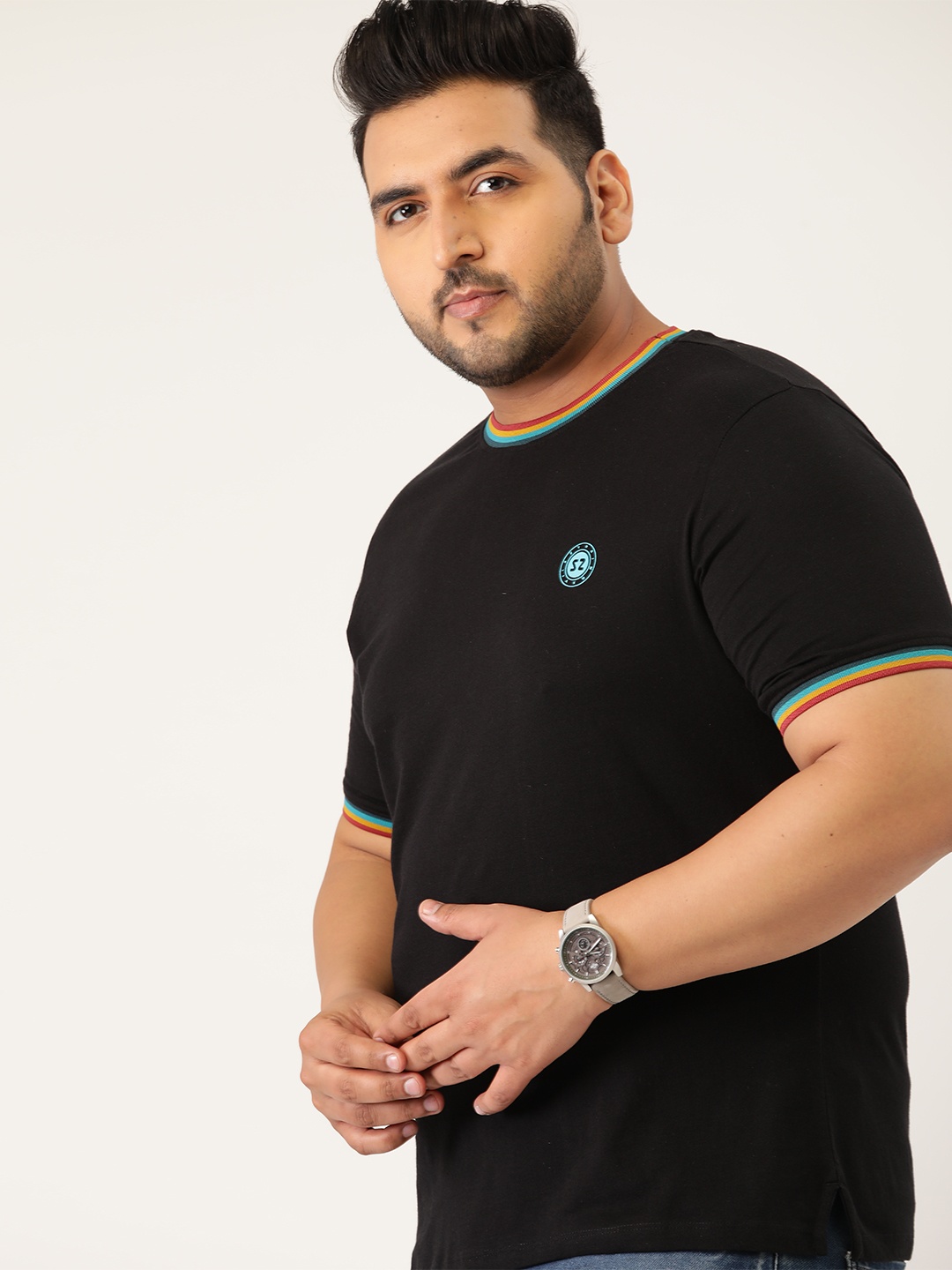 

Sztori Men Plus Size Pure Cotton Peached Finish Black Solid T-shirt