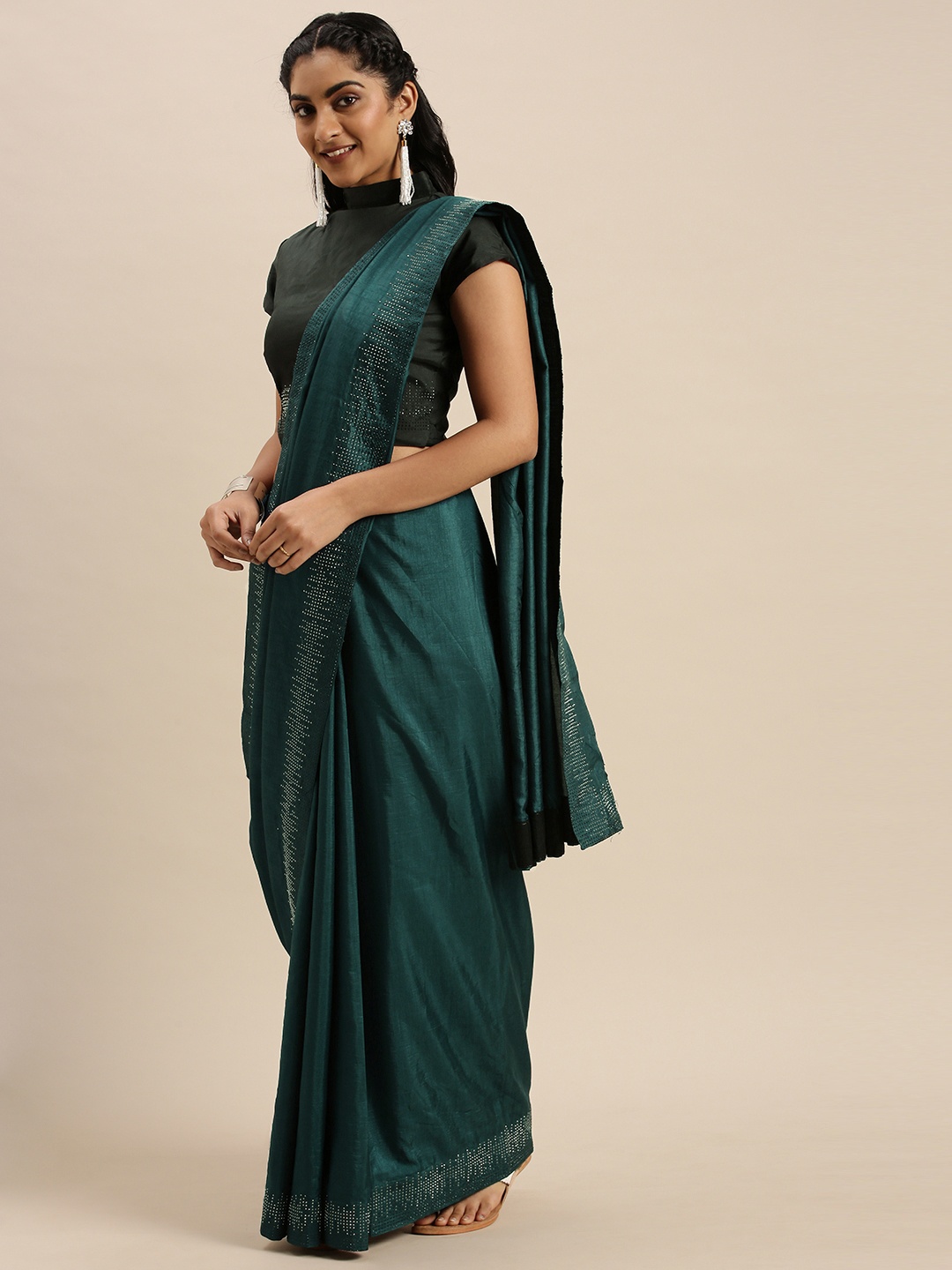 

Shaily Teal Green Solid Saree With Embellished Border