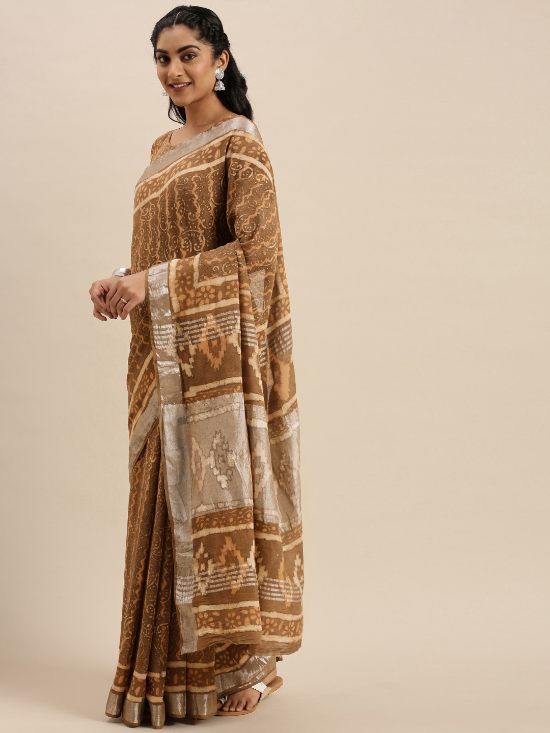 

Shaily Brown & Silver-Toned Printed Bagru Saree