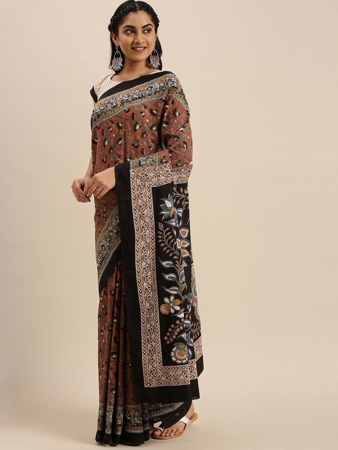 

Shaily Rust Orange & Green Pure Cotton Printed Saree