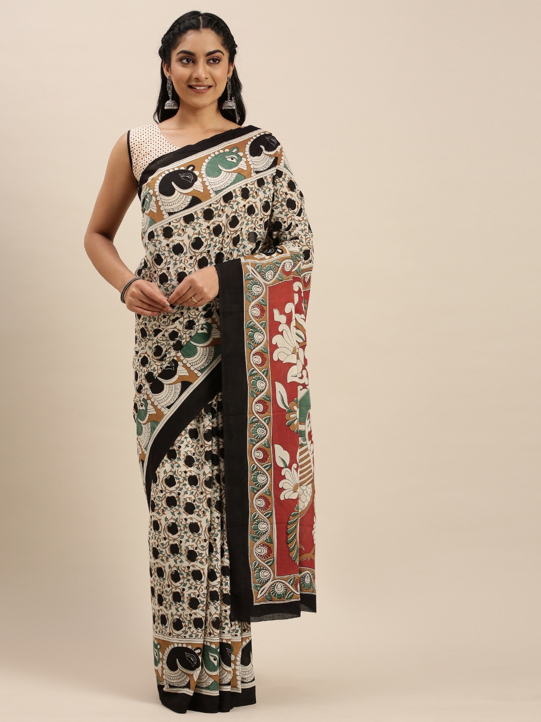 

Shaily Cream-Coloured & Black Pure Cotton Printed Saree