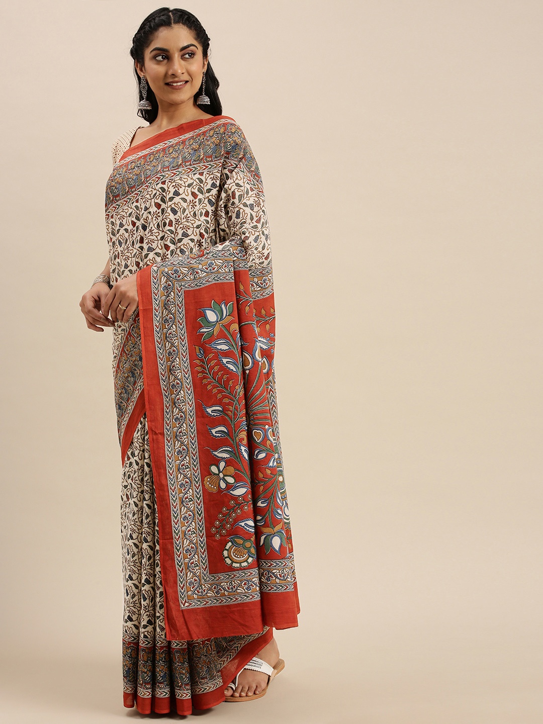 

Shaily Cream-Coloured & Red Pure Cotton Block Print Saree