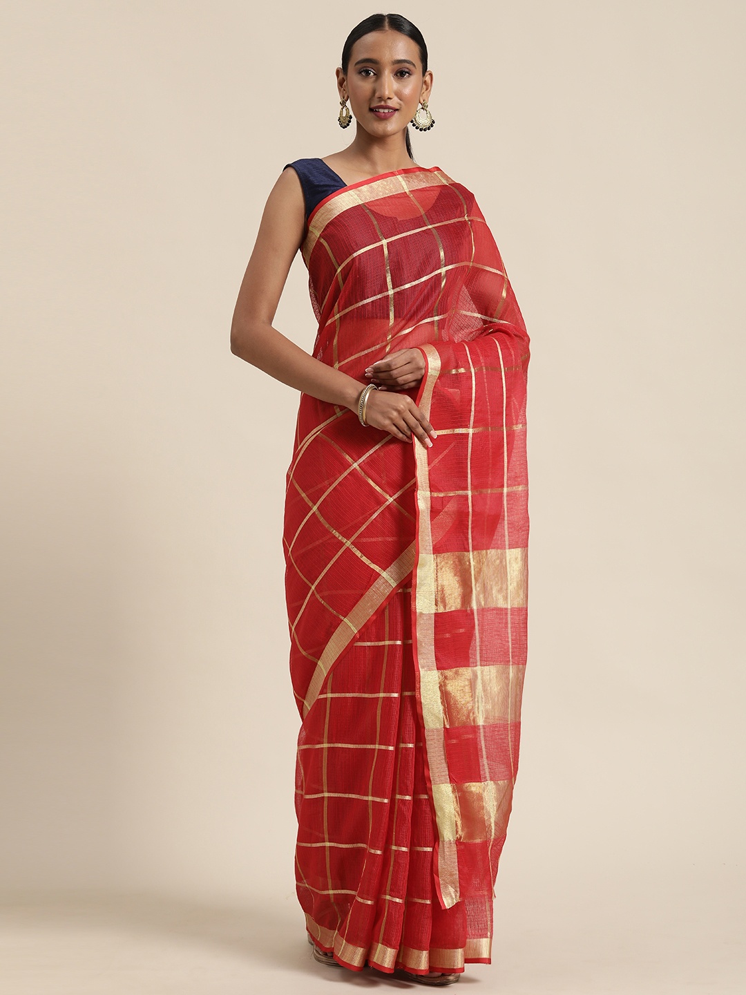 

Mitera Red Checked Jute Cotton Saree