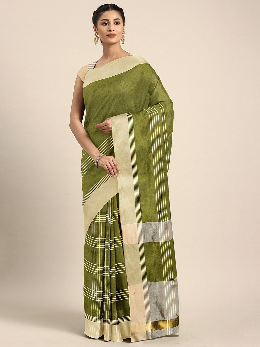 

Mitera Olive Green & Beige Striped Saree