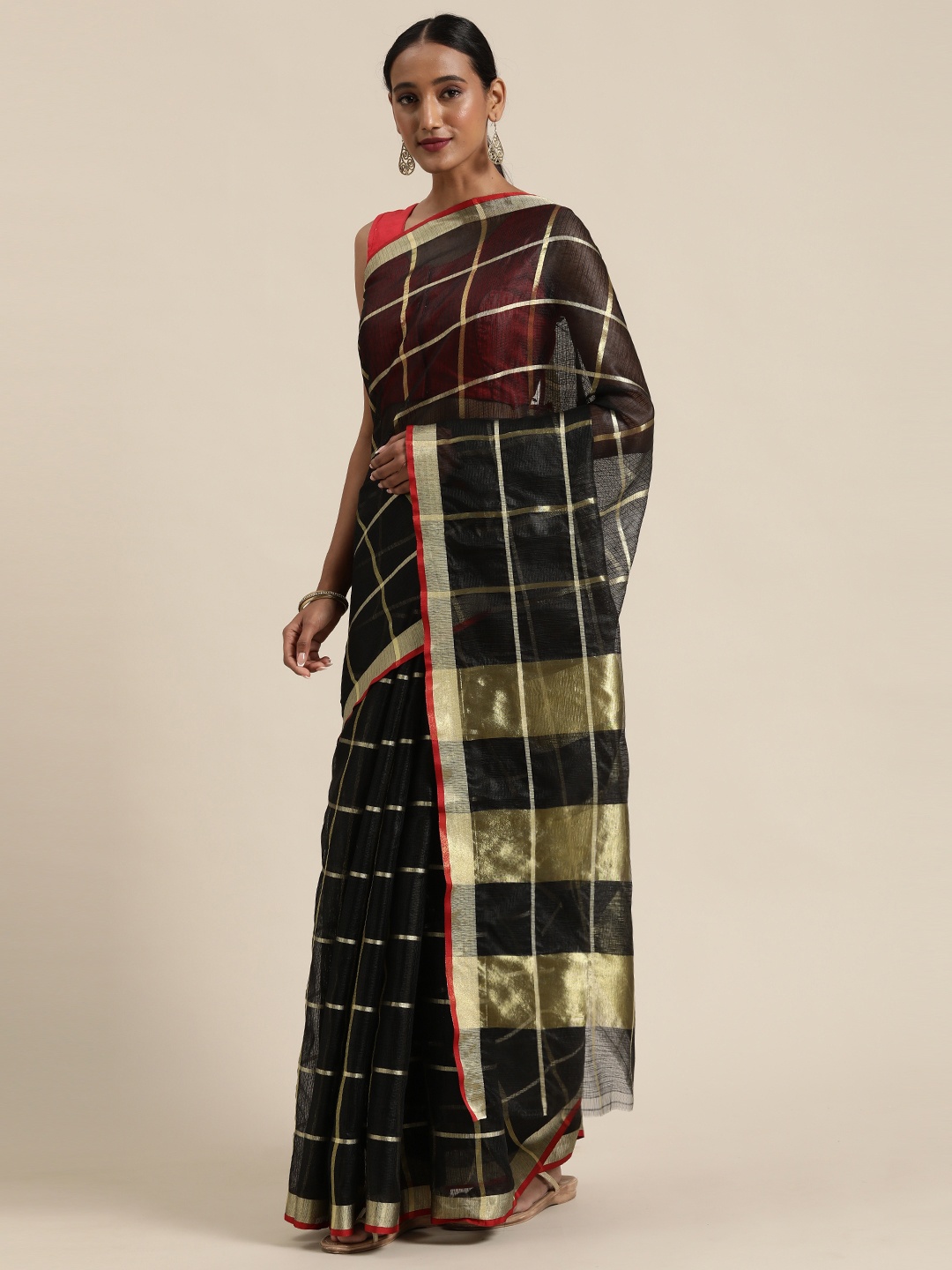 

Mitera Black & Golden Jute Cotton Checked Saree