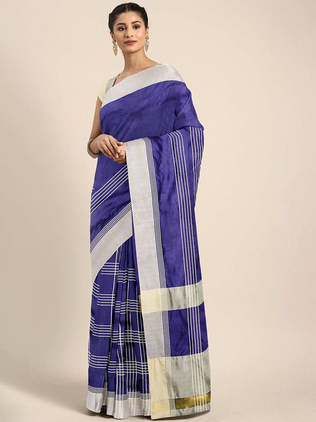 

Mitera Navy Blue & Beige Striped Saree