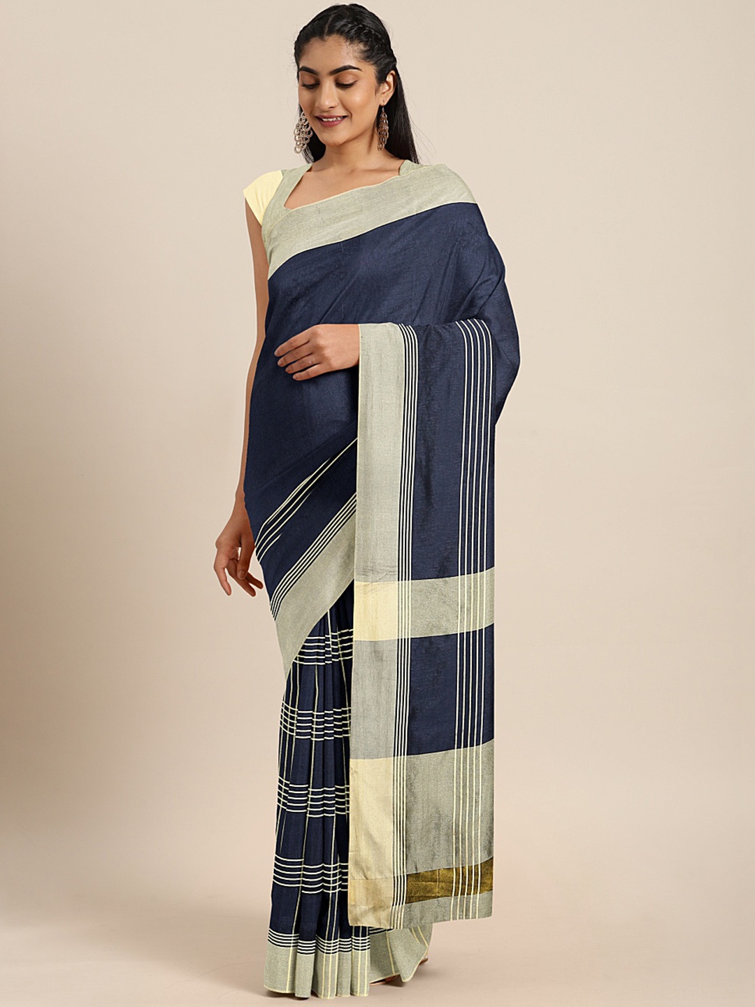 

Mitera Navy Blue Checked Silk Blend Saree