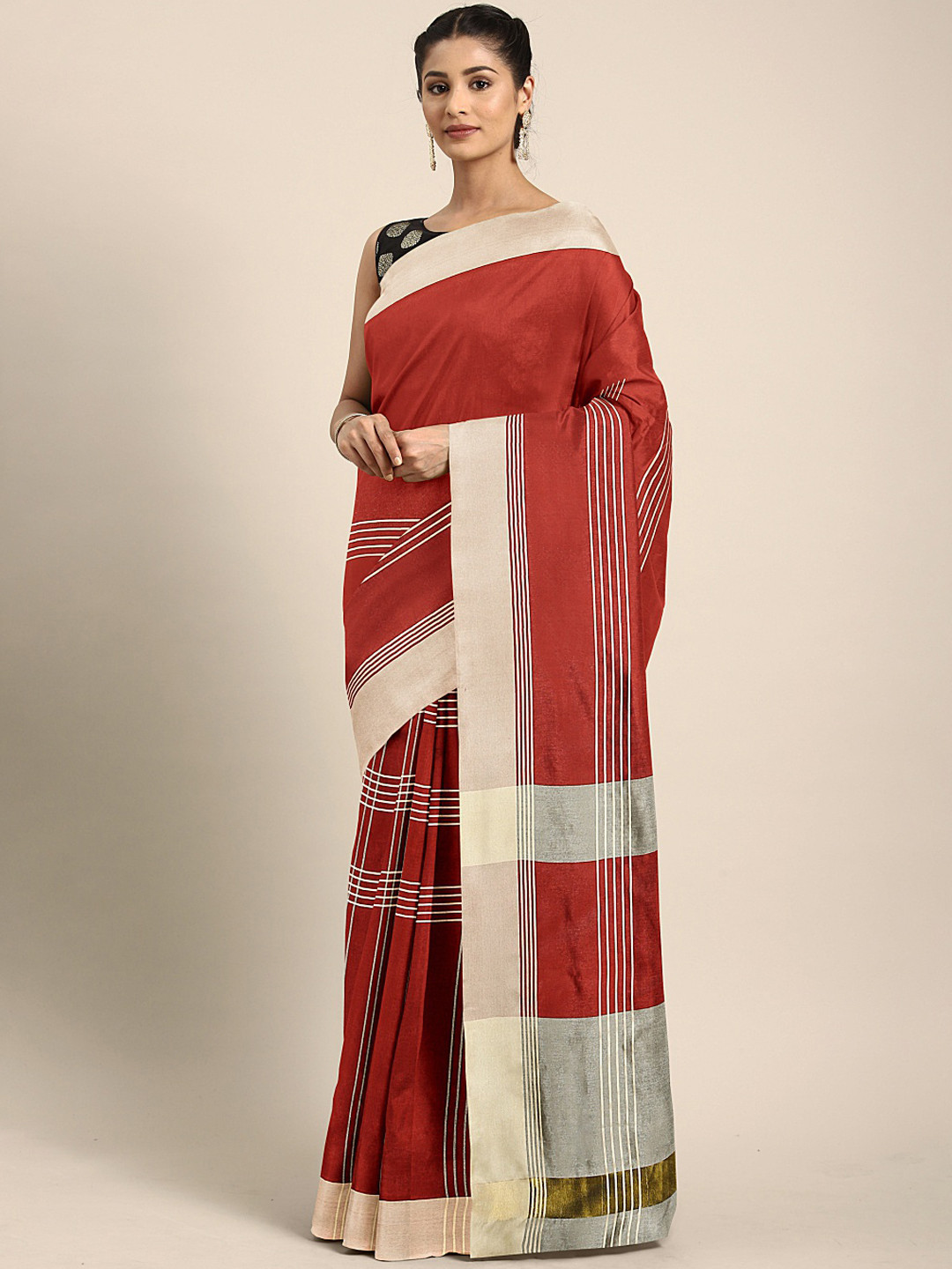 

Mitera Red & White Checked Silk Blend Saree
