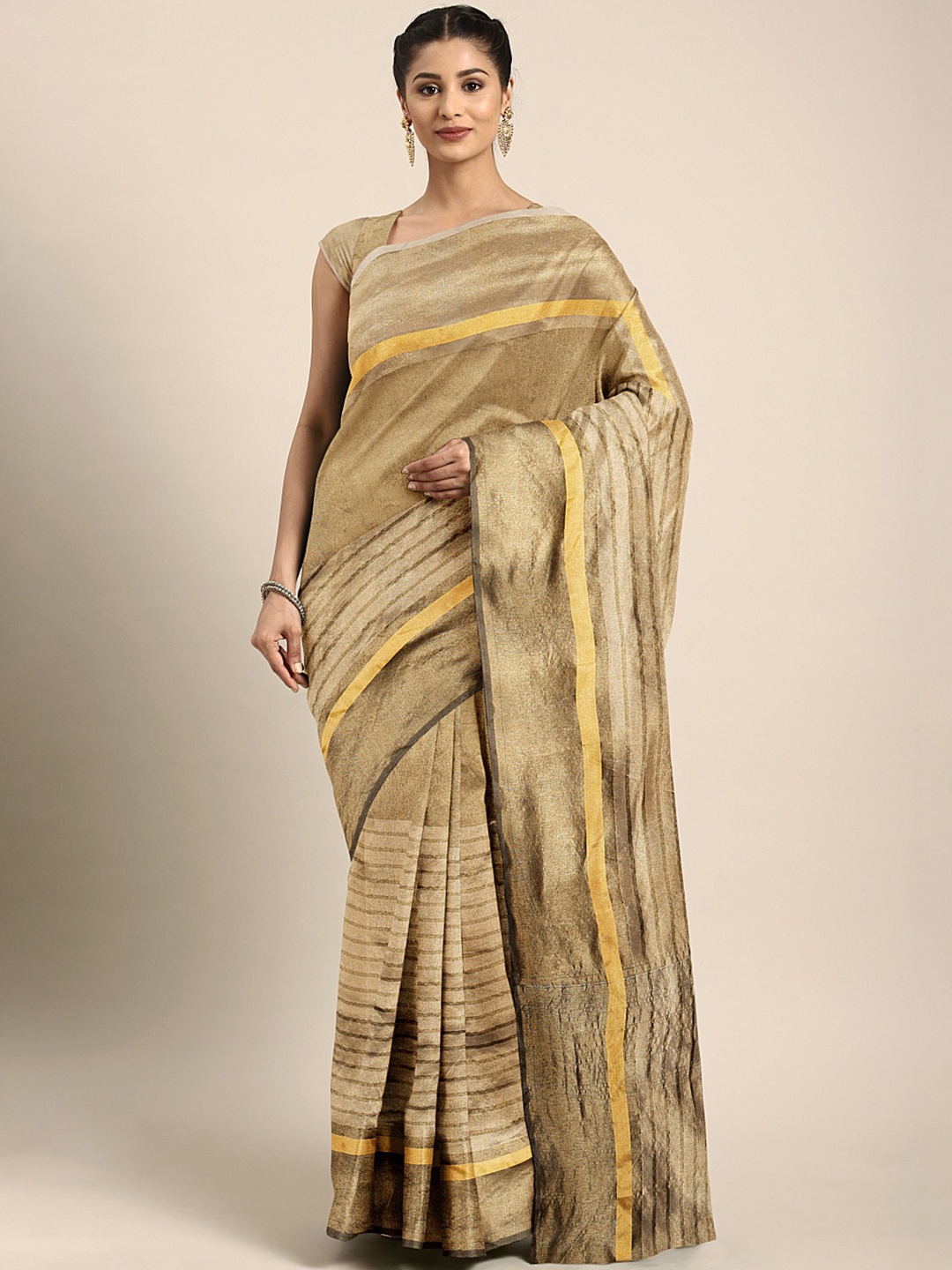 Mitera Beige & Multicoloured Striped Saree