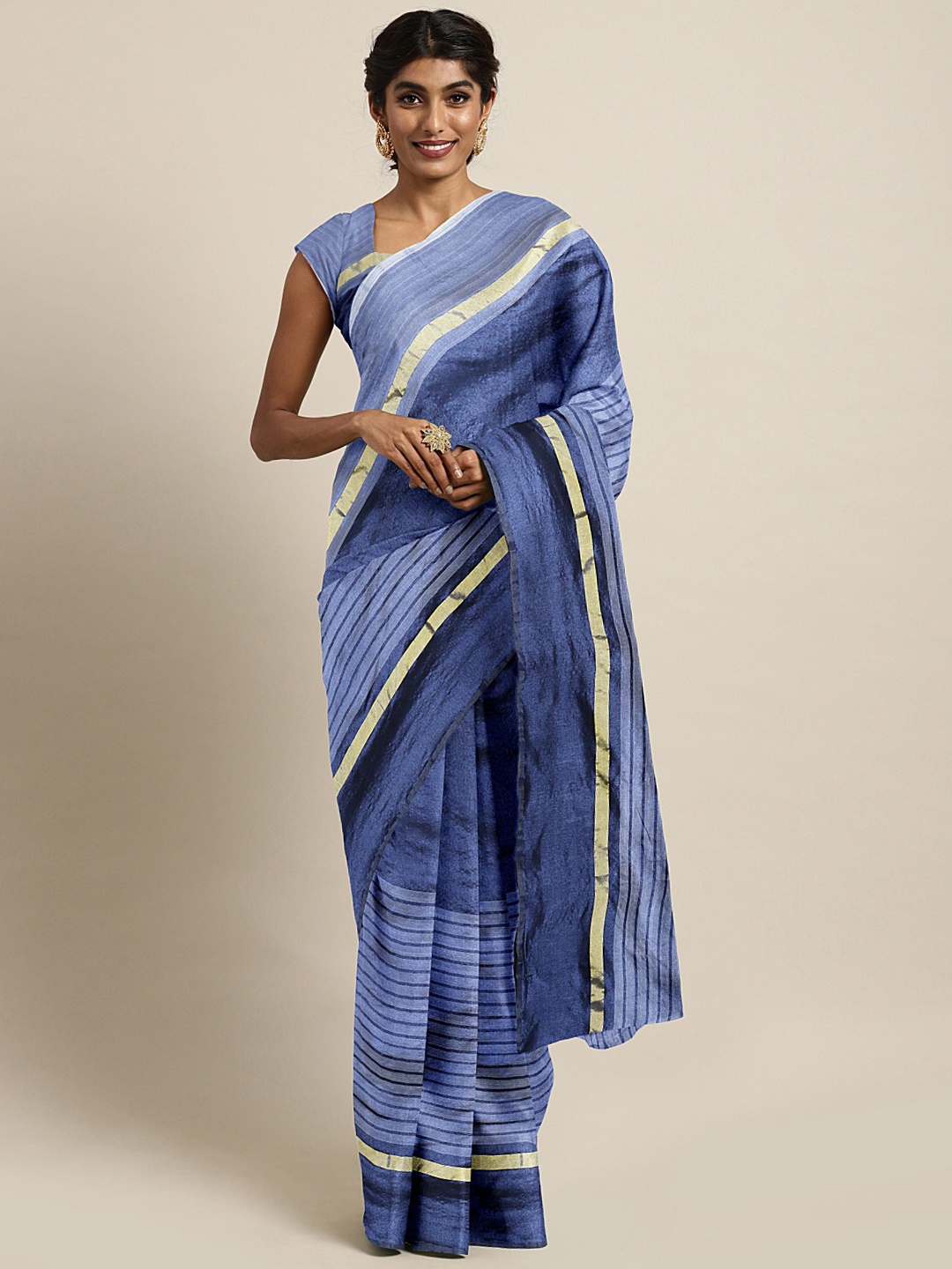 

Mitera Navy Blue & Gold-Toned Striped Saree