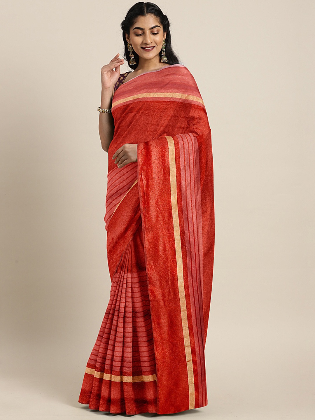 Mitera Red Striped Silk Blend Saree