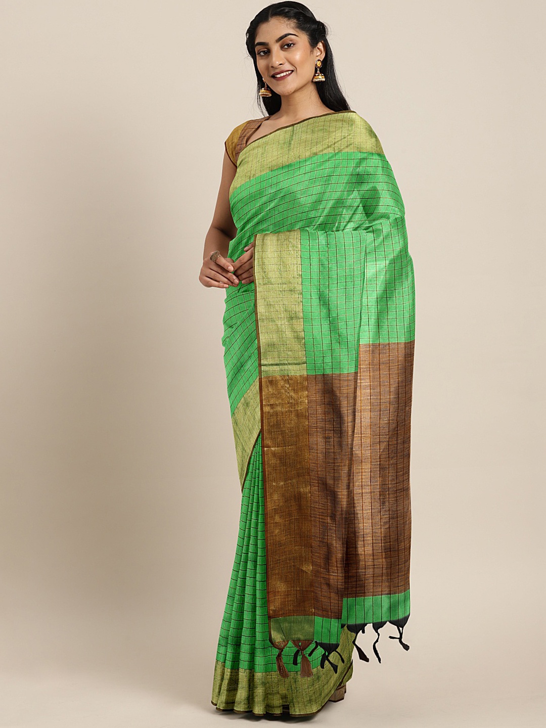 Mitera Green Checked Silk Blend Saree