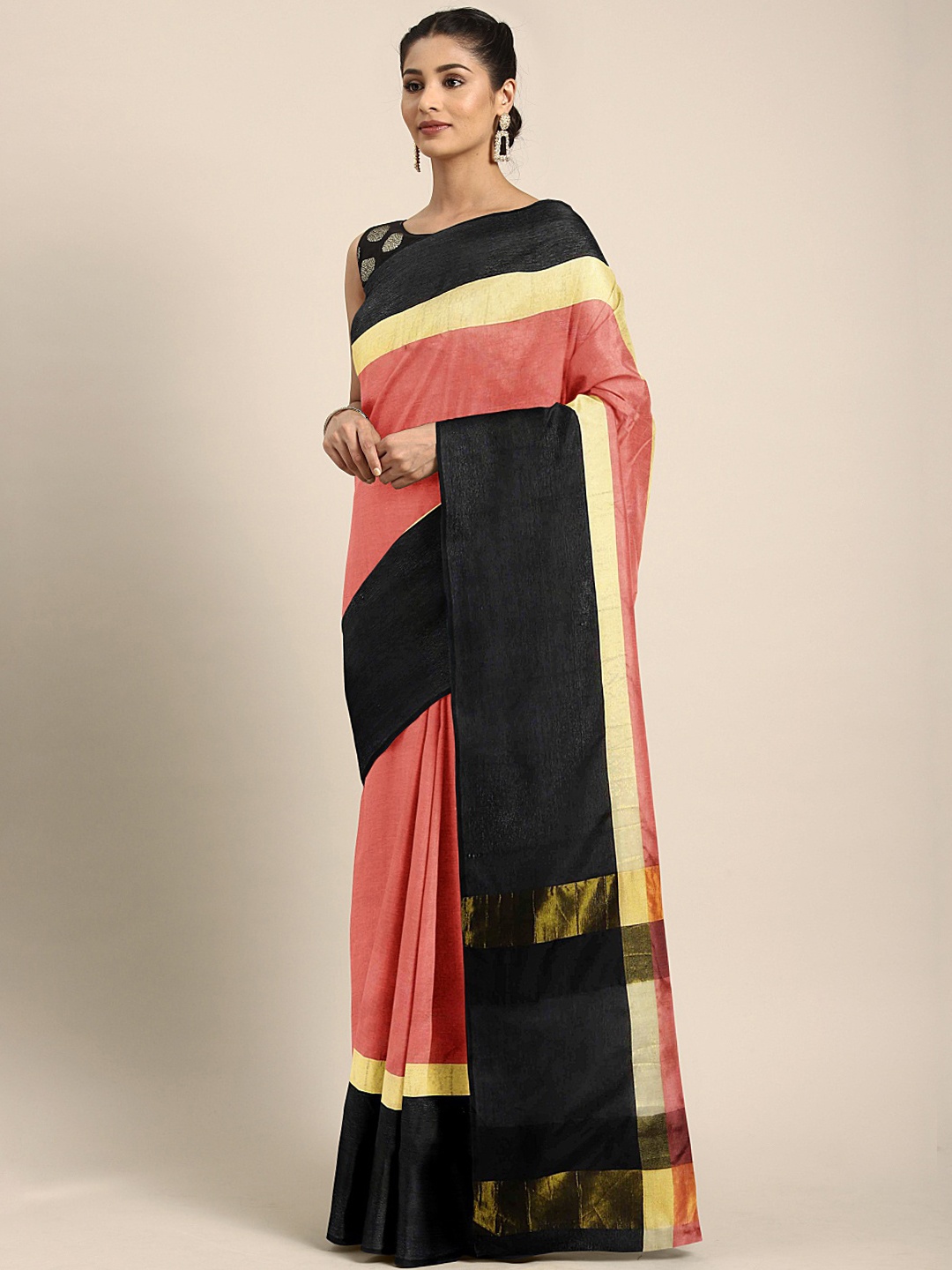 

Mitera Peach-Coloured & Black Silk Blend Colourblocked Saree