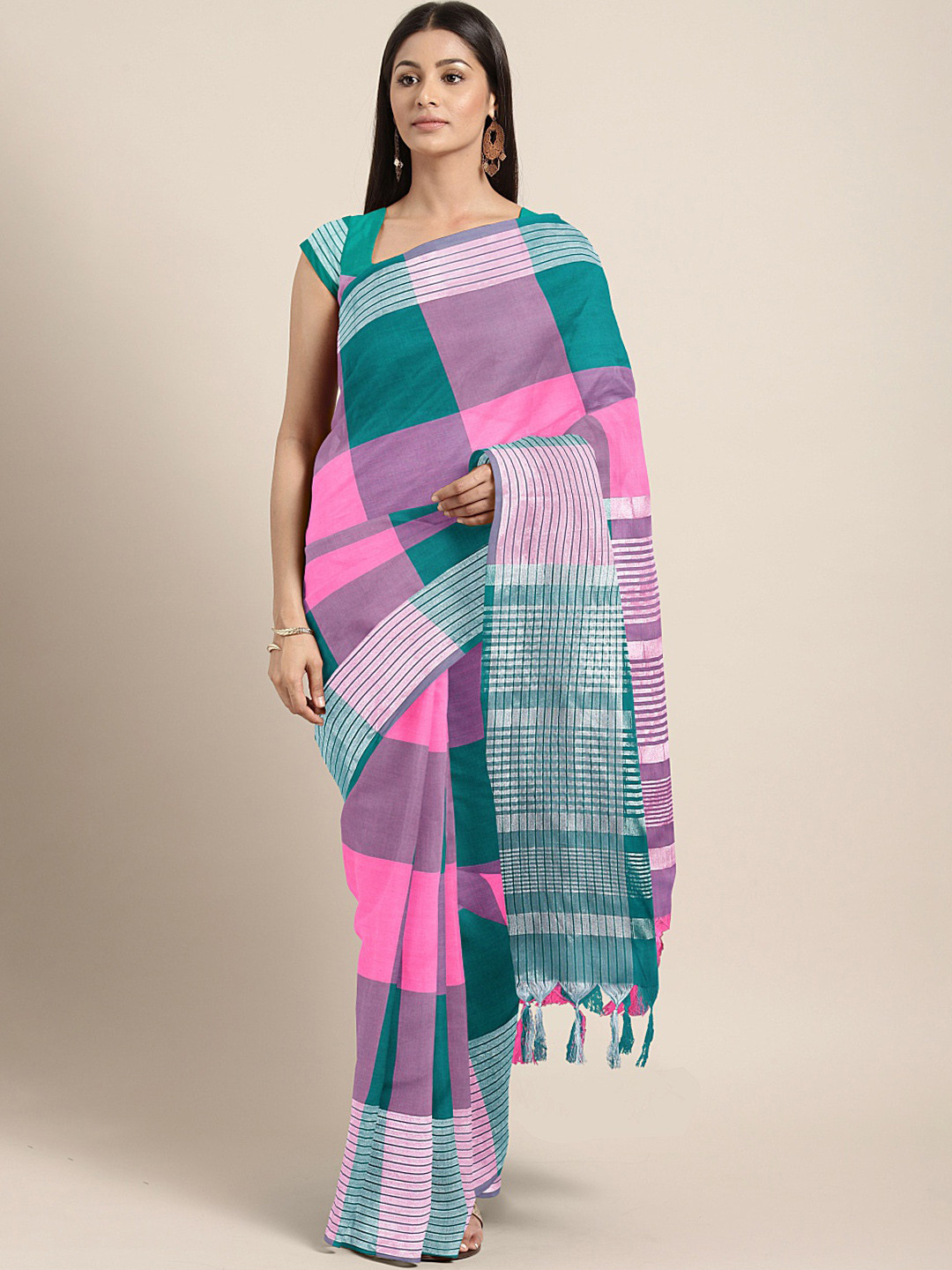 

Mitera Pink & Teal Green Cotton Blend Checked Saree with Blouse