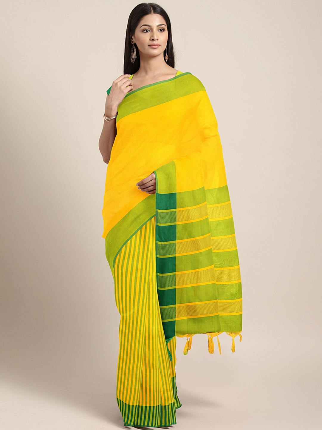 

Mitera Yellow & Green Striped Saree