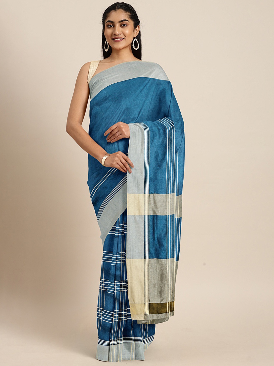 

Mitera Turquoise Blue & Beige Striped Saree