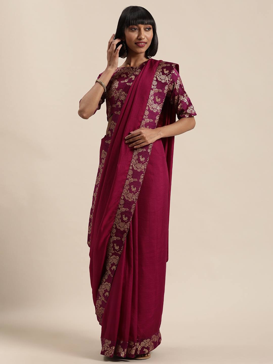 

Shaily Burgundy & Gold-Toned Silk Blend Woven Design Saree