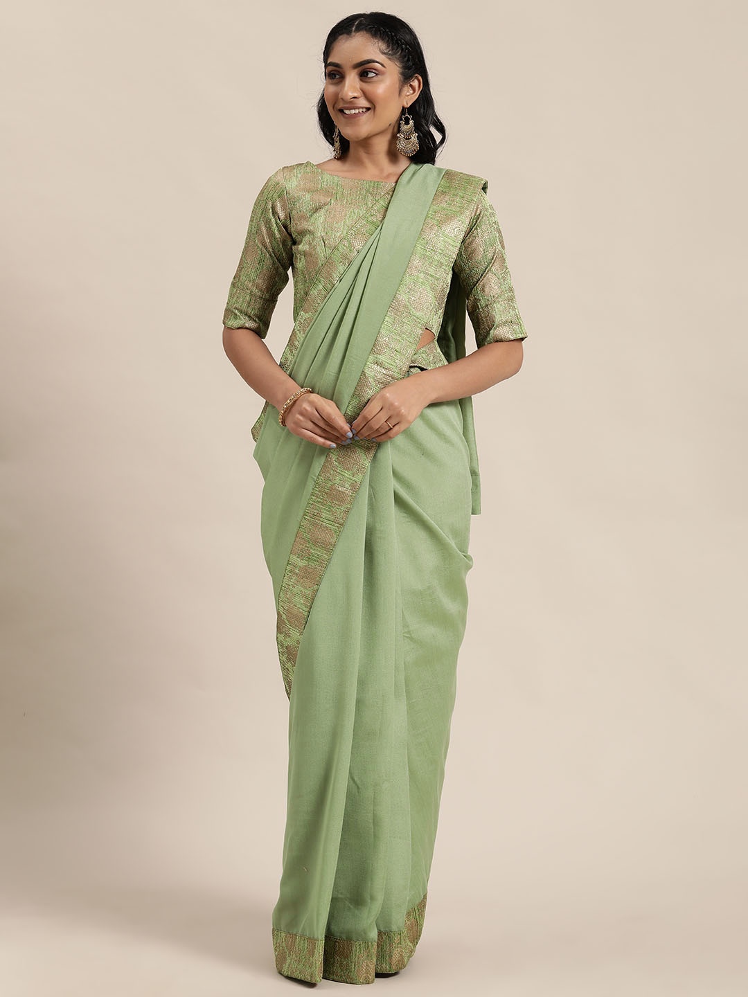 

Shaily Green Solid Brocade Lace Saree