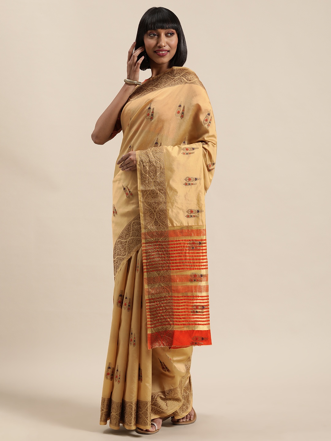 

Shaily Beige & Gold-Toned Silk Blend Woven Design Saree