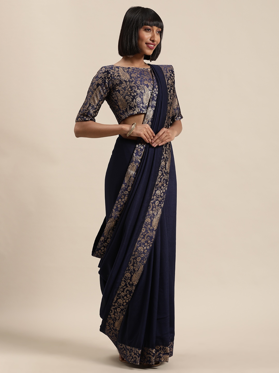 

Shaily Navy Blue & Gold-Toned Silk Blend Solid Zari Border Saree