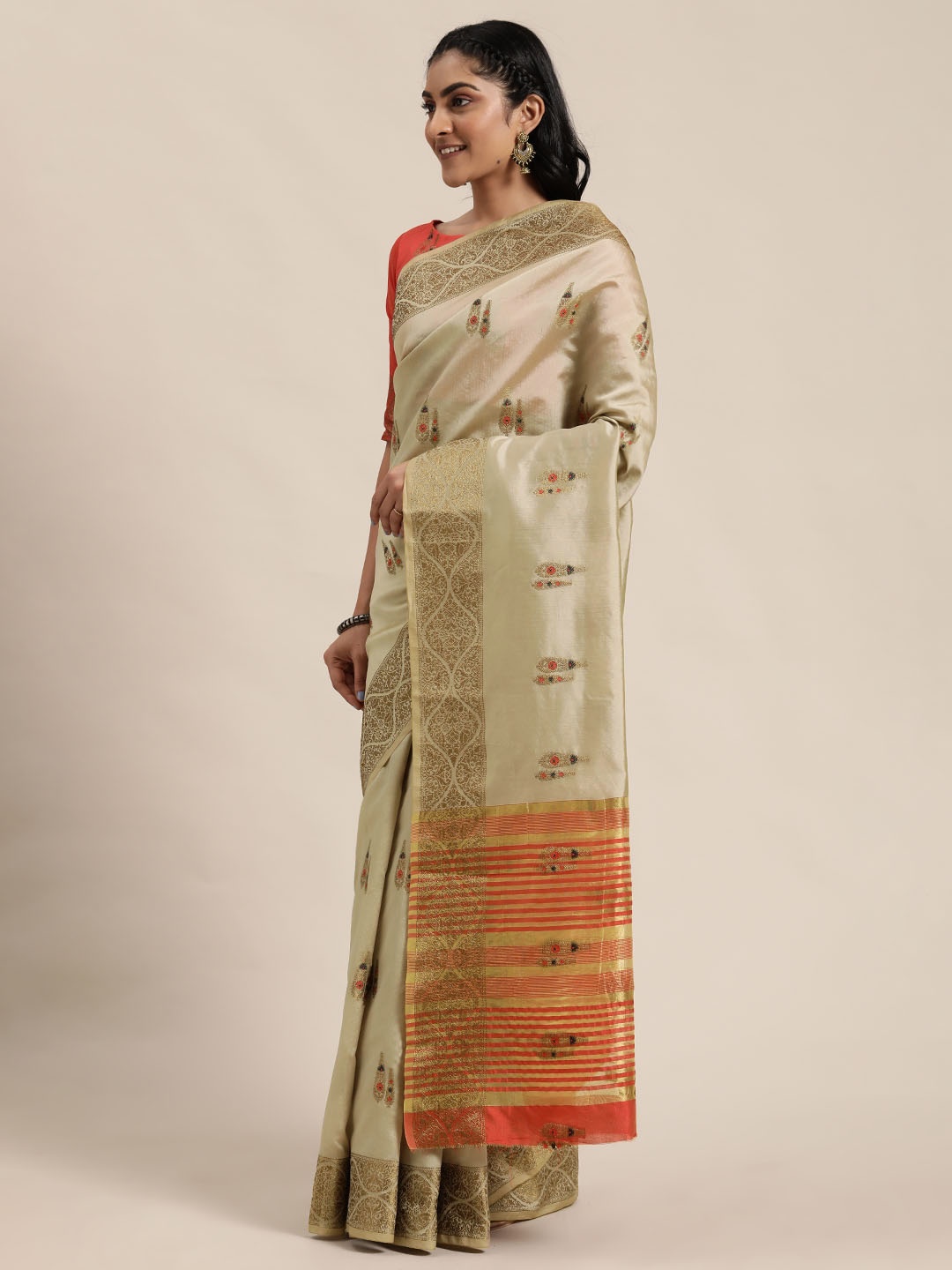 

Shaily Beige & Gold-Toned Woven Design Saree