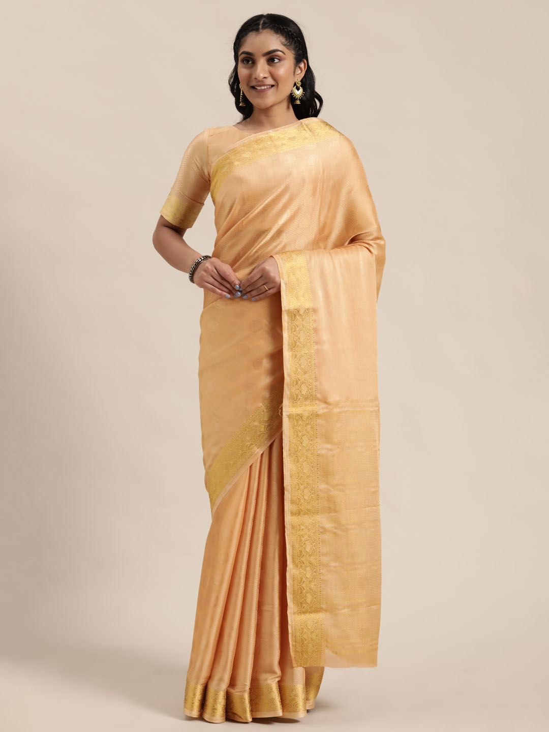 

Shaily Beige & Gold-Toned Woven Design Saree