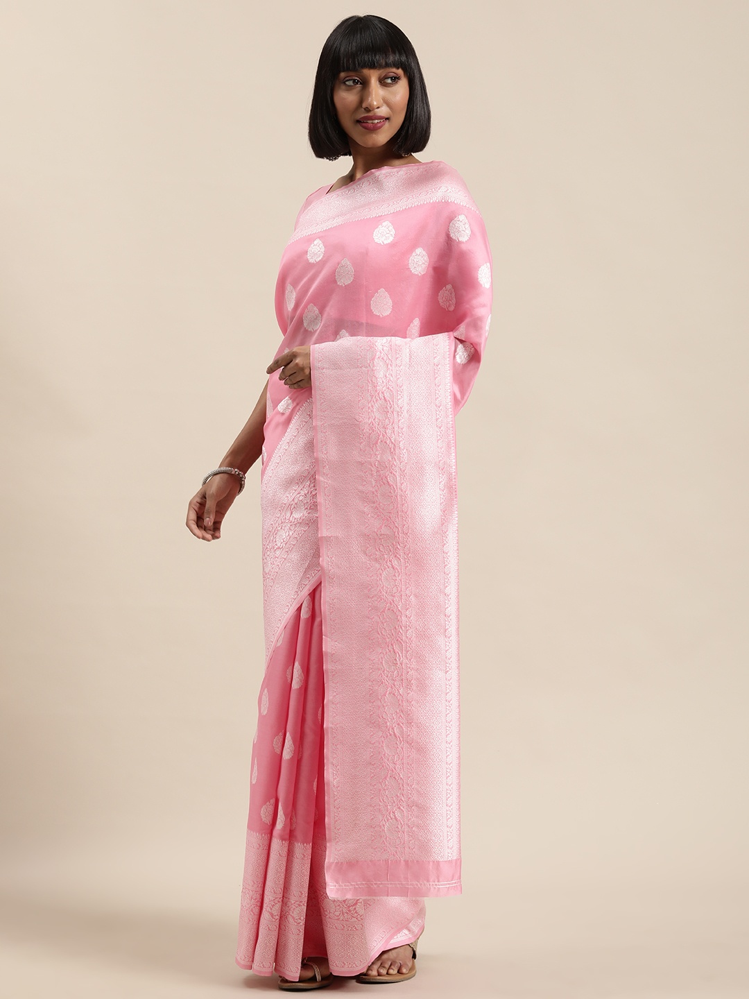 

Shaily Pink & Silver-Toned Silk Blend Woven Design Saree